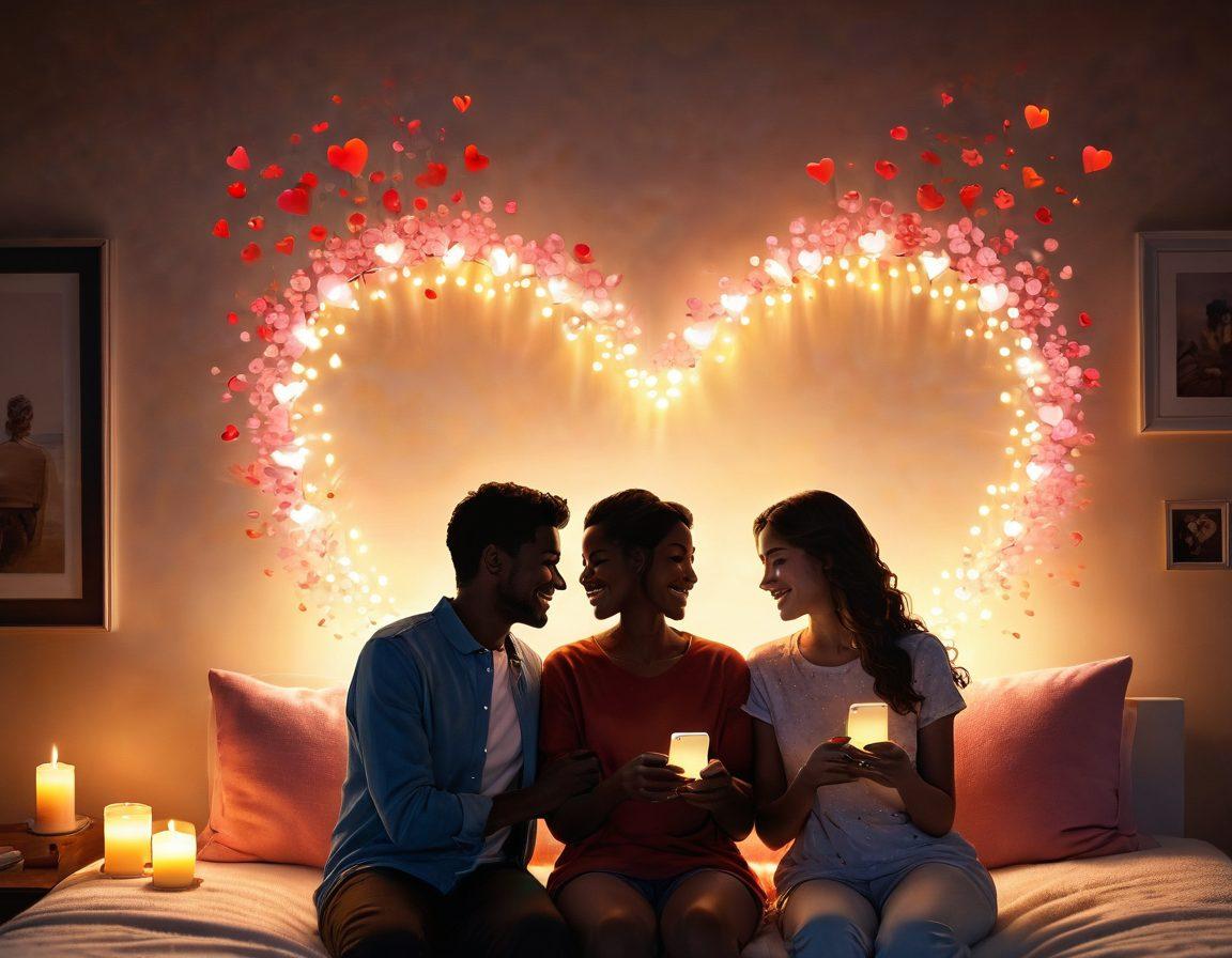 A warm, cozy scene featuring two smartphones displaying heart emojis and romantic chat bubbles, surrounded by soft lighting and heart motifs. In the background, a silhouette of a couple holding hands, symbolizing connection despite distance. Include subtle elements like flowers or candles to evoke intimacy and romance. super-realistic. vibrant colors.