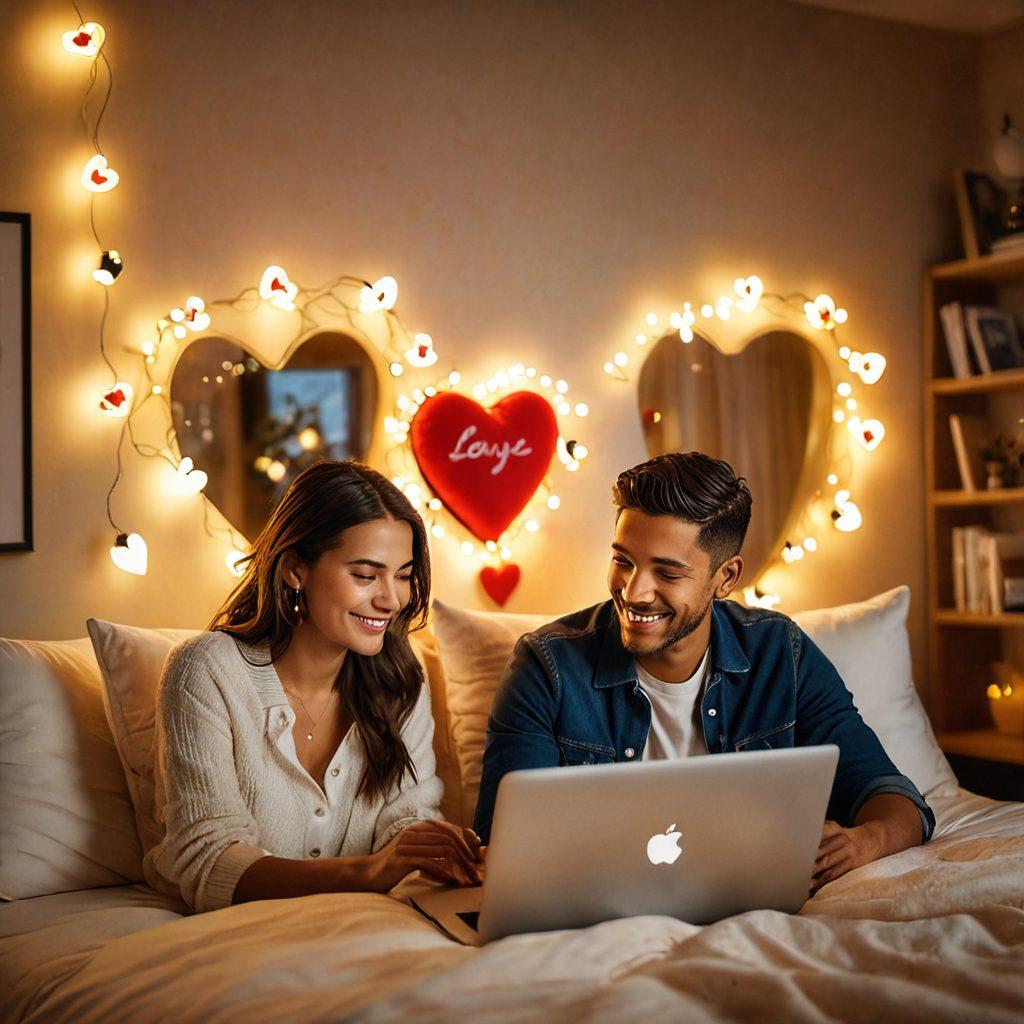 A cozy, intimate setting featuring two laptops with warm, glowing screens, showcasing a couple engaging in a light-hearted video chat. Surrounding the scene are heart-shaped decorations and soft fairy lights, creating a romantic ambiance. The background subtly hints at a digital world, with icons of love and connection. The characters should display expressions of joy and flirty engagement. super-realistic. vibrant colors. warm lighting.