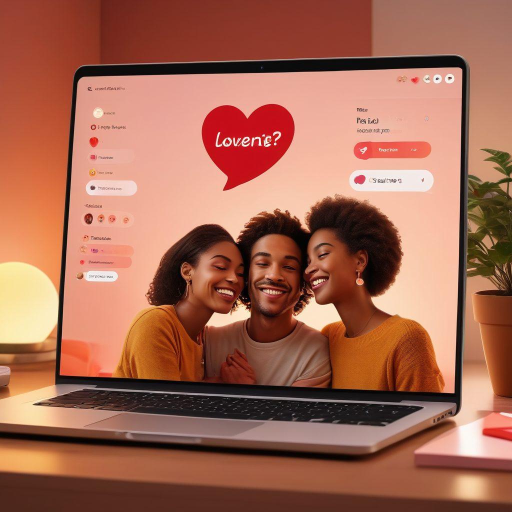 A cozy virtual setup featuring a laptop with a live streaming interface displaying two smiling individuals flirting. The background is filled with warm colors and soft lighting, with chat bubbles and emojis floating around. Include elements like a heart icon and digital love notes to emphasize romance. Create an inviting and playful atmosphere that captures the excitement of online flirting. super-realistic. vibrant colors. warm tones.